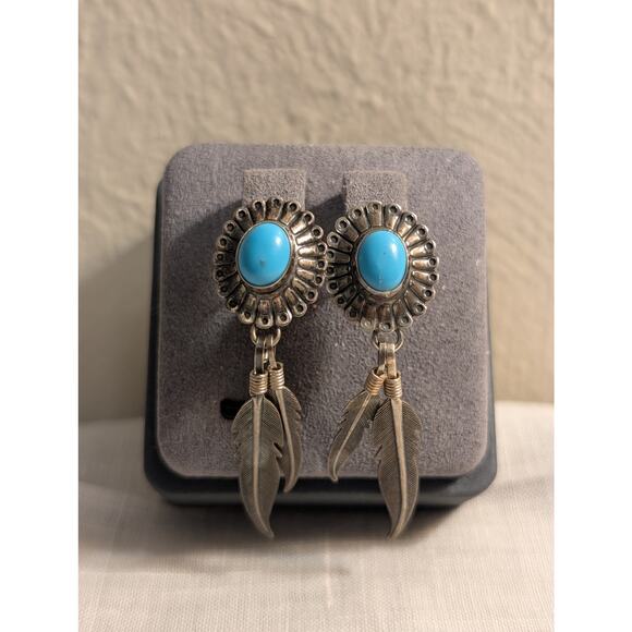 Vintage Signed QT Sterling Turquoise Feather Dangle Pierced Earrings - Picture 6 of 6